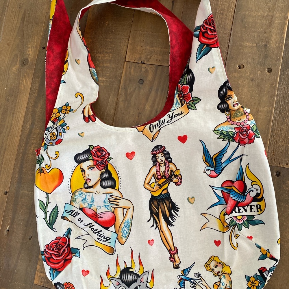 Tattoo Art Shoulder Bag with Red and White Design